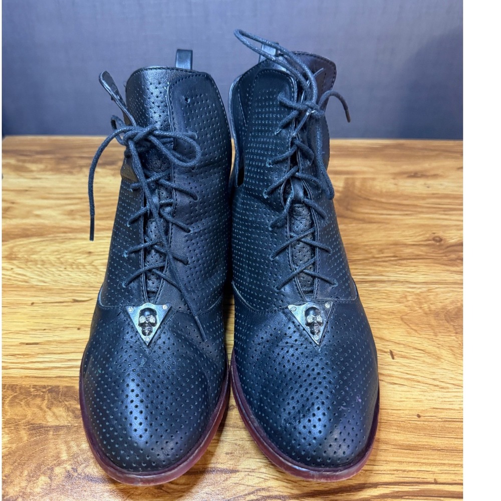 Magza Black Perforated Leather Skull Lace Up Cut Out Ankle Boots Mens